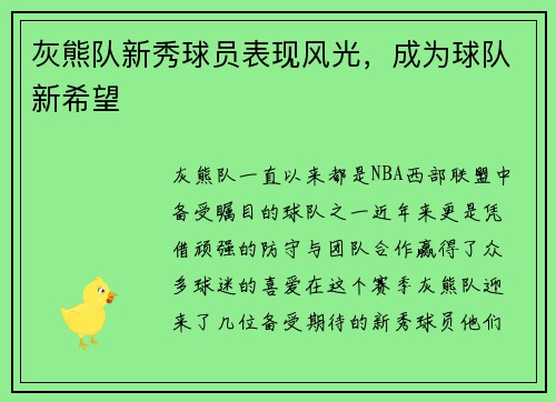 灰熊队新秀球员表现风光，成为球队新希望