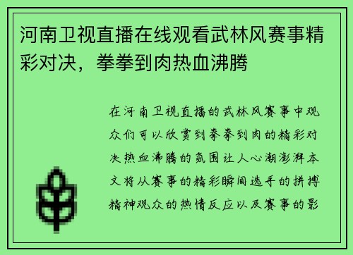 河南卫视直播在线观看武林风赛事精彩对决，拳拳到肉热血沸腾