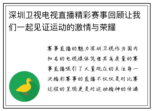 深圳卫视电视直播精彩赛事回顾让我们一起见证运动的激情与荣耀