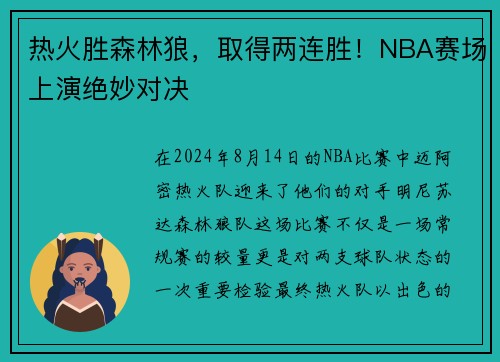 热火胜森林狼，取得两连胜！NBA赛场上演绝妙对决