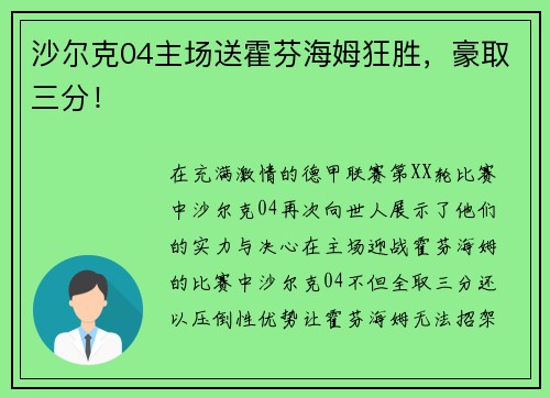 沙尔克04主场送霍芬海姆狂胜，豪取三分！