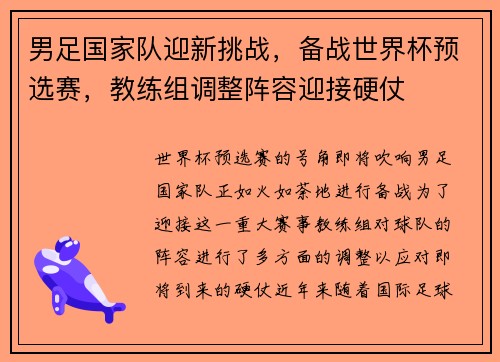 男足国家队迎新挑战，备战世界杯预选赛，教练组调整阵容迎接硬仗